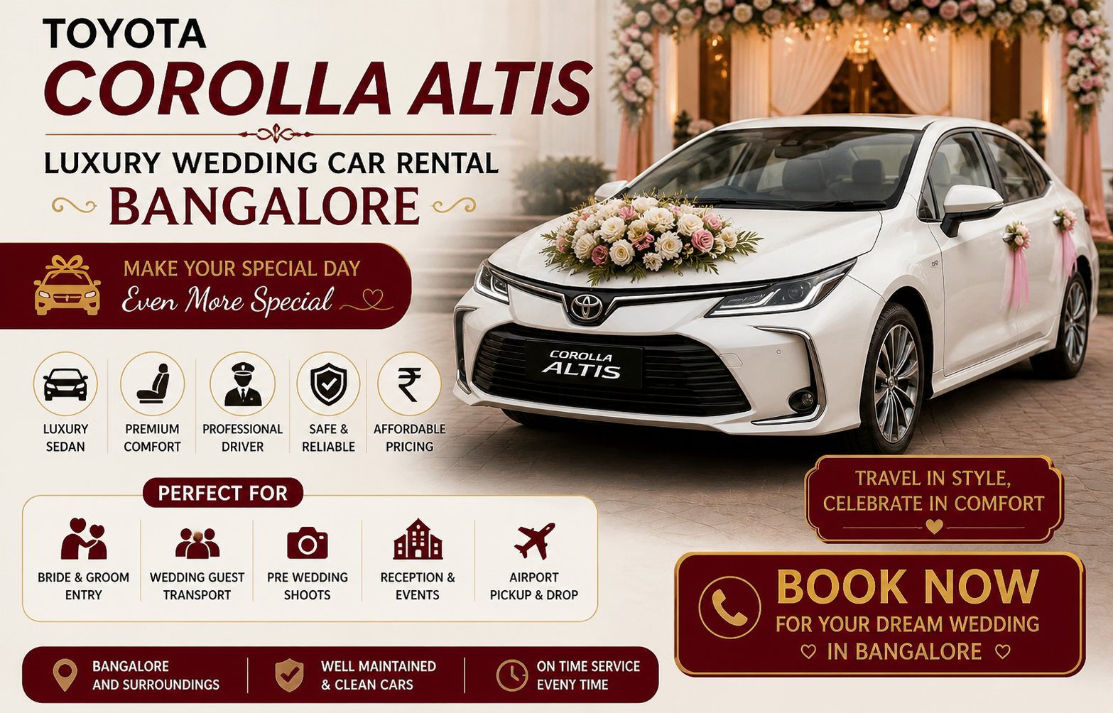 Toyota Corolla Altis Sedan Luxury Wedding Car Rental Bangalore