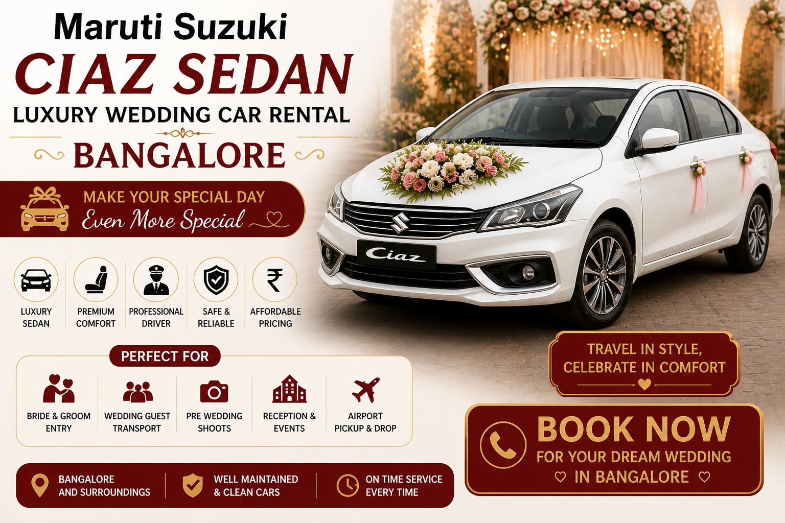 Maruti Suzuki Ciaz Sedan Luxury Wedding Car Rental Bangalore