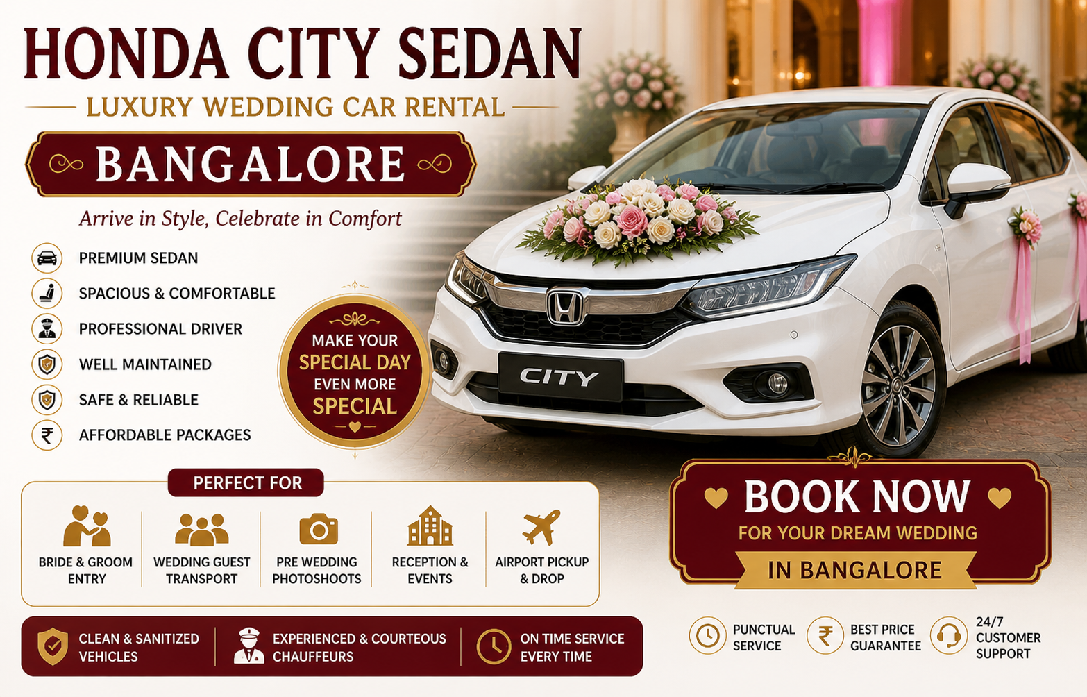 Honda City Sedan Luxury Wedding Car Rental Bangalore