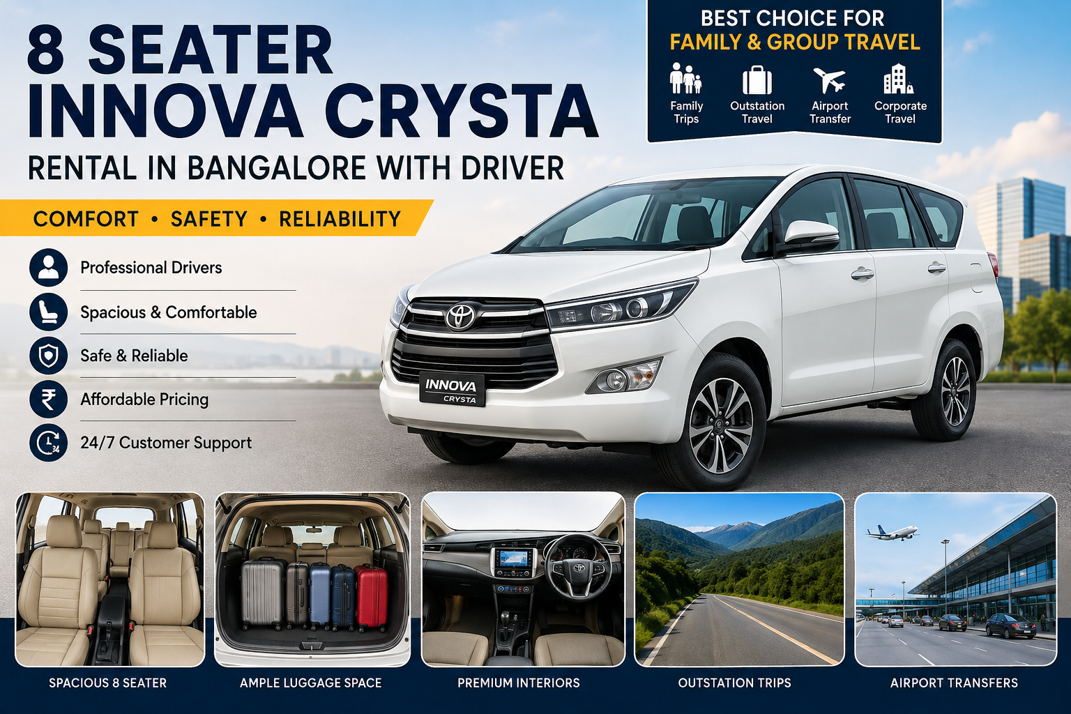 8 Seater Innova Crysta Rental in Bangalore With Driver – Price & Booking Guide